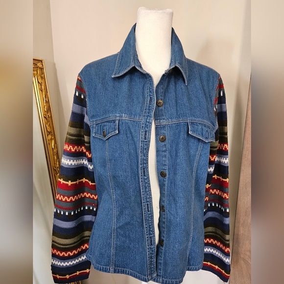 Vintage KORET Jean shirt/jacket with Knit wool printed sleeves and back. Size M - Picture 3 of 11